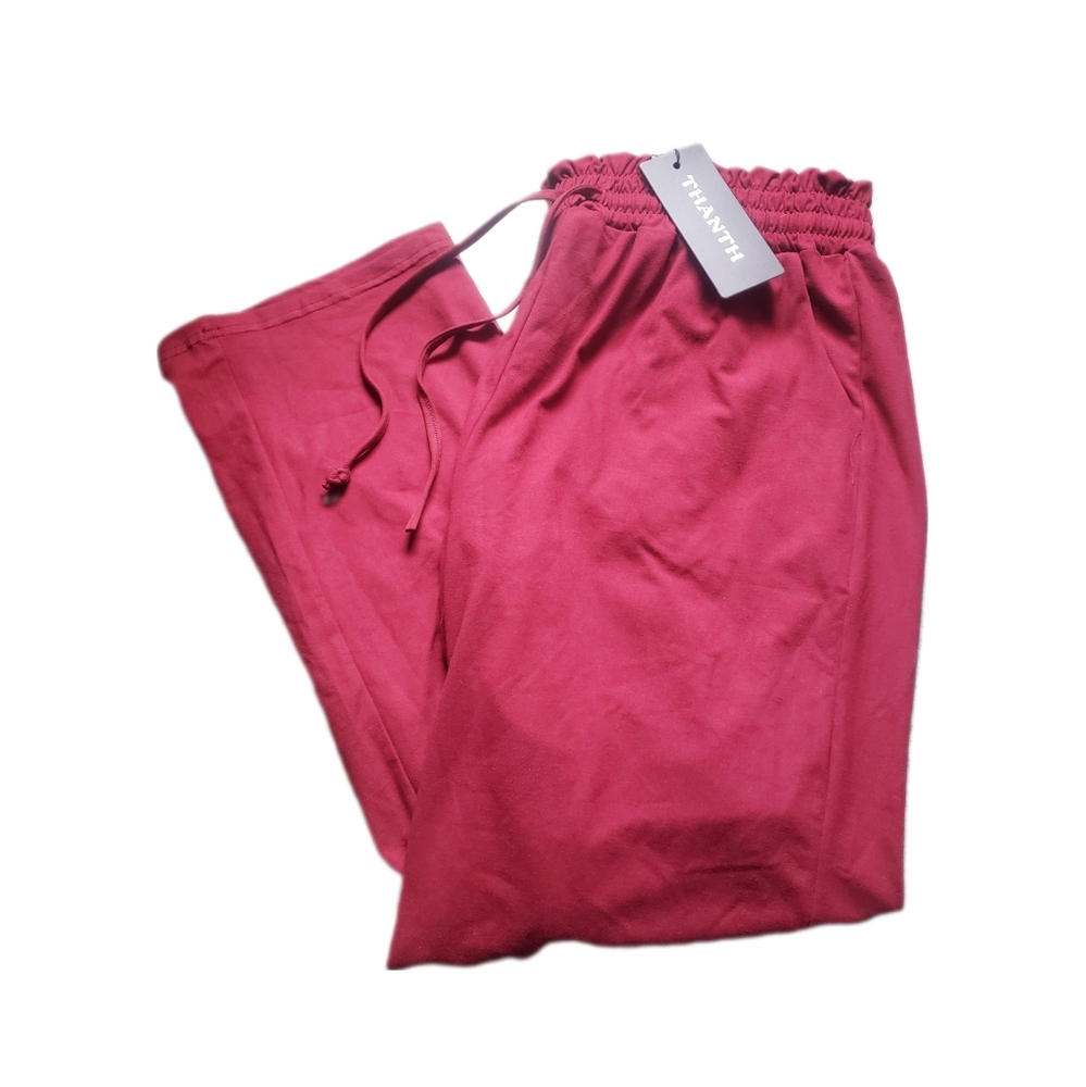 Maroon Red Thanth Super Soft and Stretchy Wide Leg Drawstring Pants-Sz L